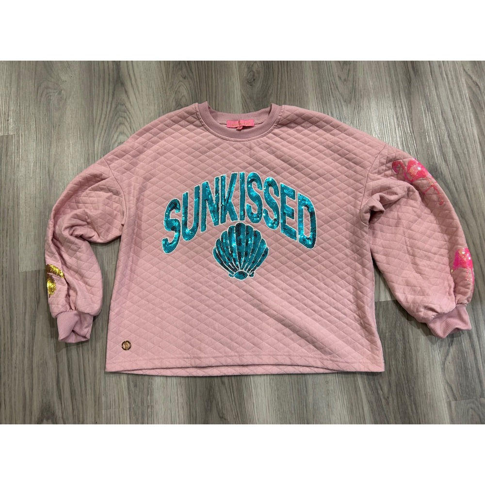 Simply‎ Southern Pink Quilted Sunkissed Sequin Flamingo Pullover Sweatshirt M